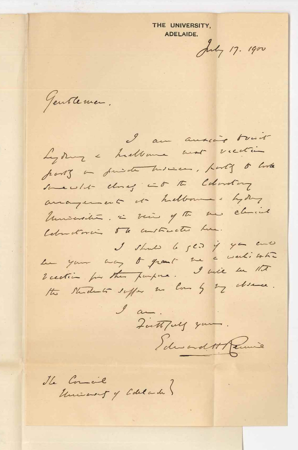 Professor Edward Henry Rennie - University - Asking for a weeks extra vacation