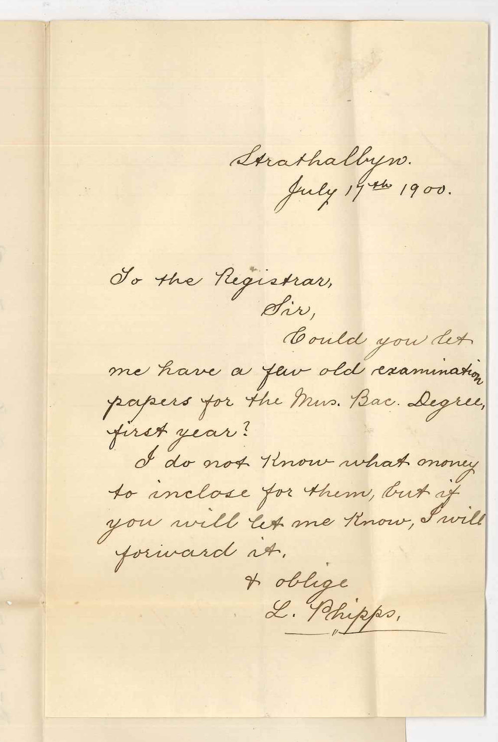 Miss L Phipps - Strathalbyn - Requesting Music Bachelor Examination papers