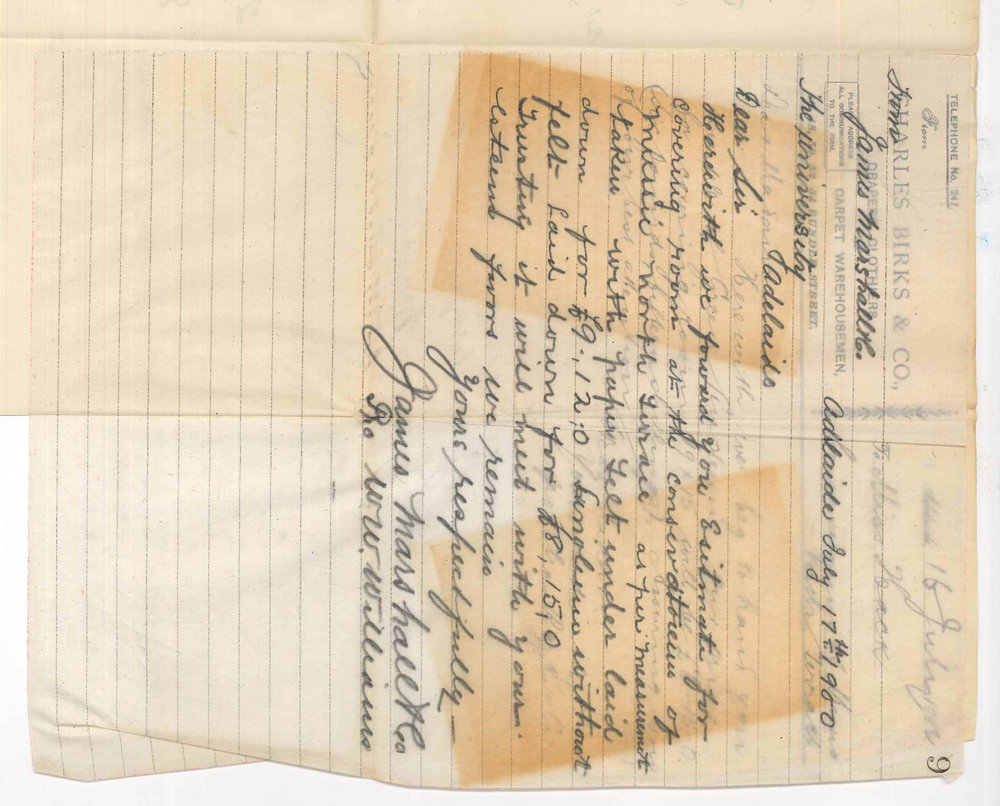 Charles Birks and Company - James Marshall and Company - Adelaide - Cost of linoleum for Conservatorium