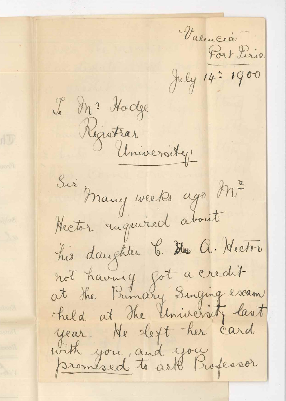 Miss C deA Hector - Port Pirie - Concerning marks obtained at Primary Music Examination
