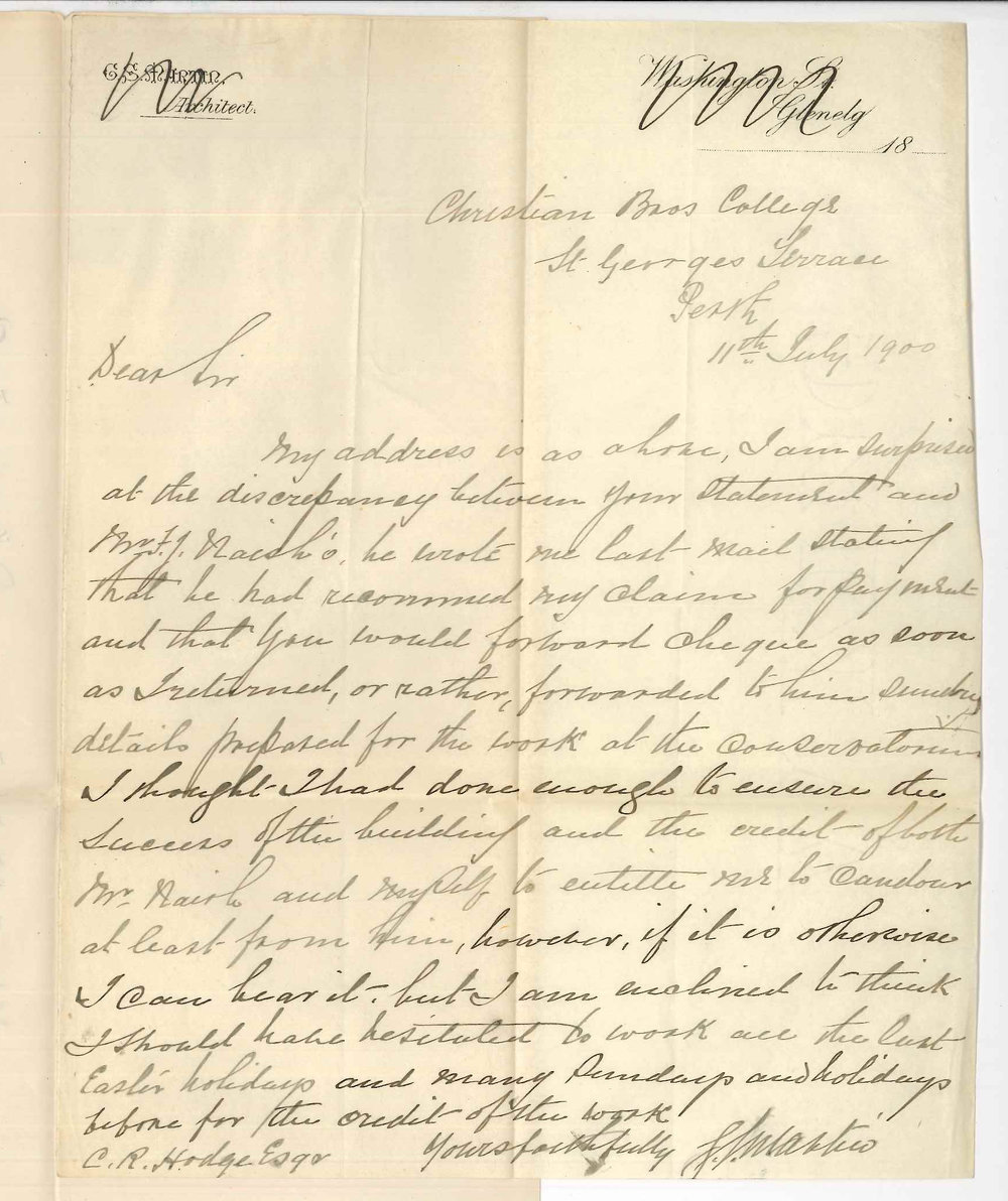 G S Martin - Perth WA - Concerning salary as Clerk of Works at Conservatorium
