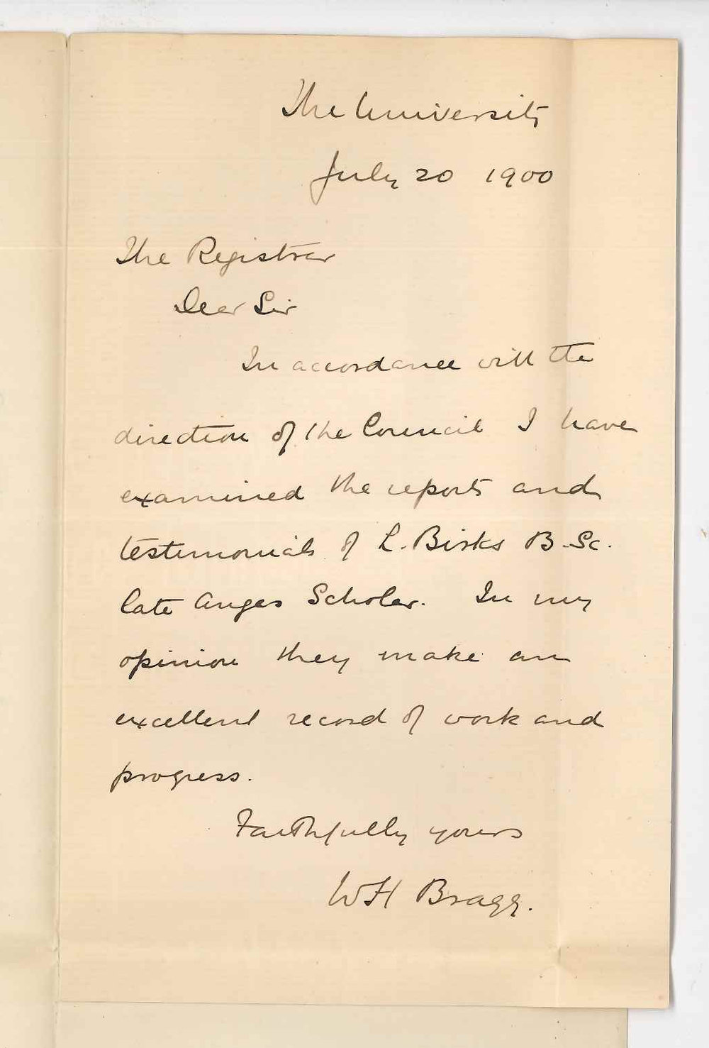 Professor William Henry Bragg - The University - Report on Testimonials of Mr L Birks BSc