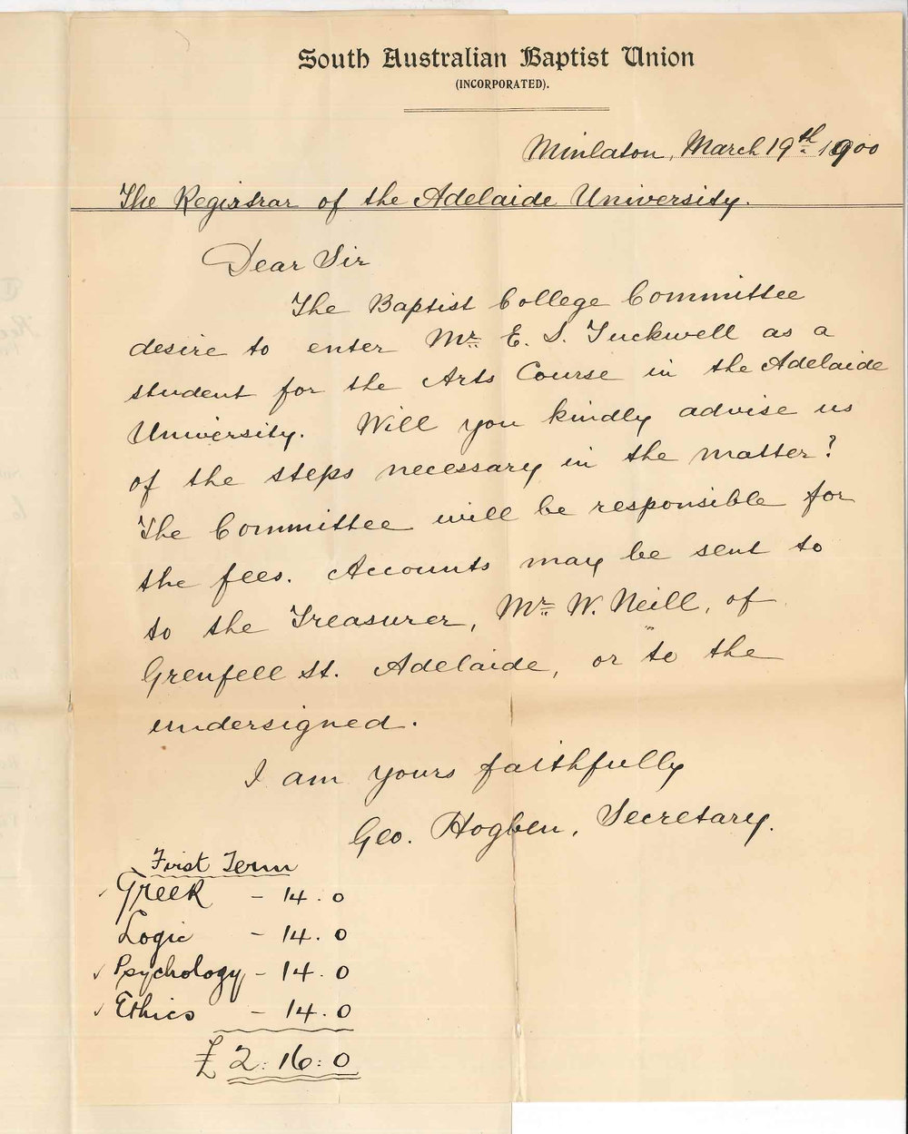 Reverend George Hogben - Minlaton - Admission of student Mr E S Tuckwell to University