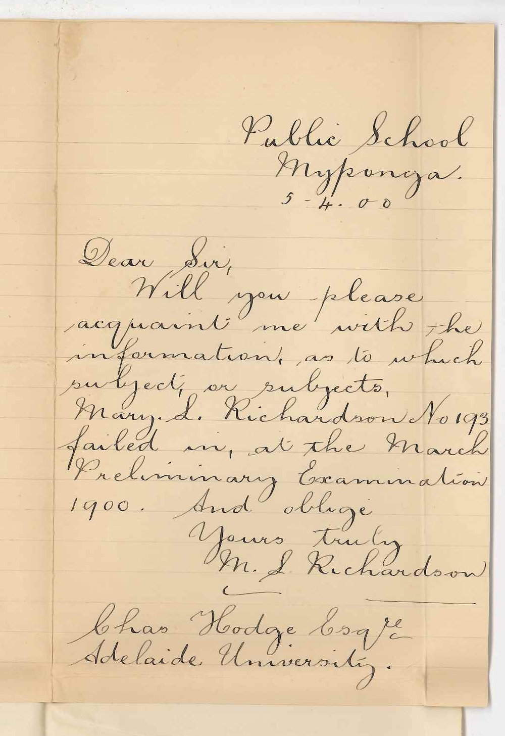Miss Mary L Richardson No 193 - Public School Myponga - Subjects she failed in Preliminary Examination