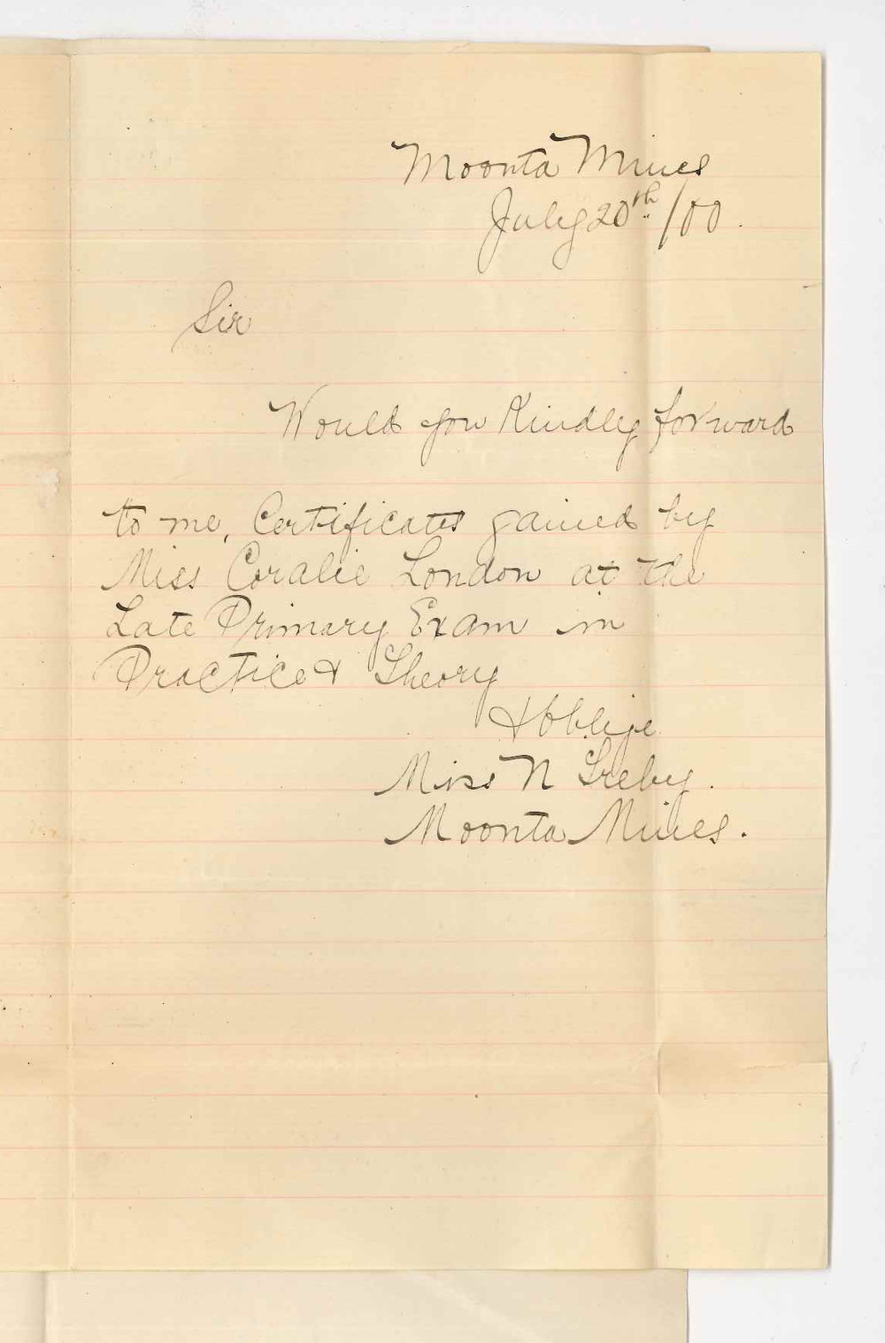 Miss N Treby - Moonta Mines - Requesting Music Certificate