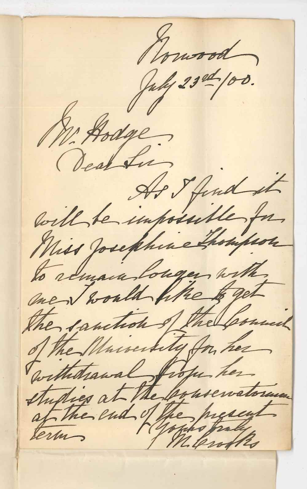 Miss M Crooks - Norwood - Withdrawing Miss J Thompson from the Conservatorium