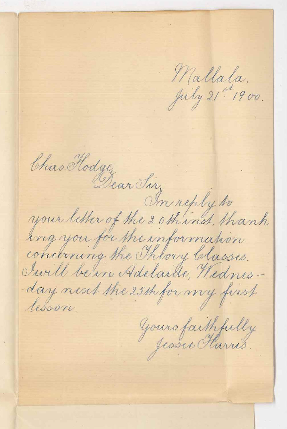 Miss Jessie Harris - Mallala - Will attend theory classes at Conservatorium