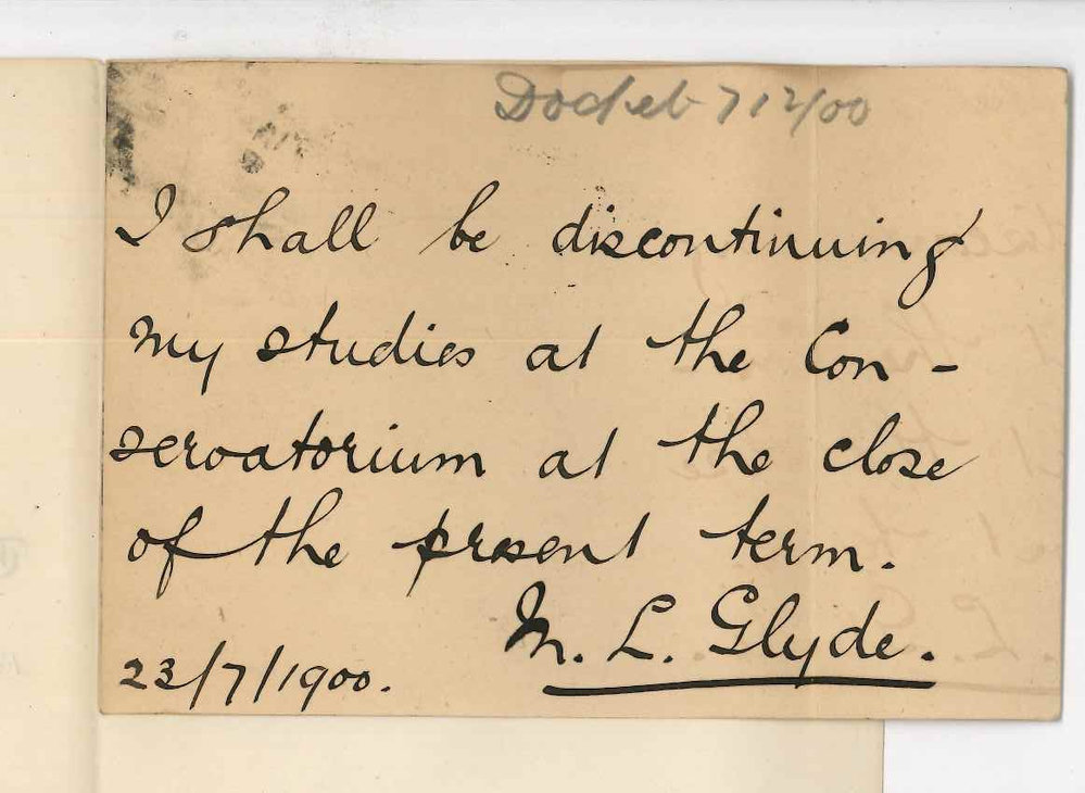 Miss M L Glyde - Kensington Park - Discontinuing lessons at the Conservatorium