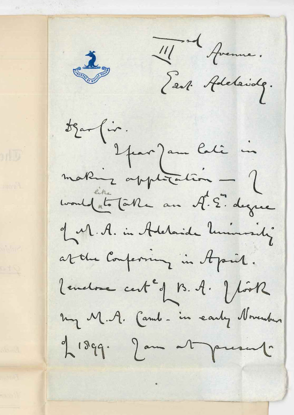 A J Adams - East Adelaide - Admission ad eundem gradum