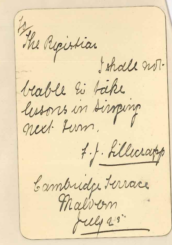 Miss F J Lillecrapp - Malvern - Discontinuing lessons at the Conservatorium