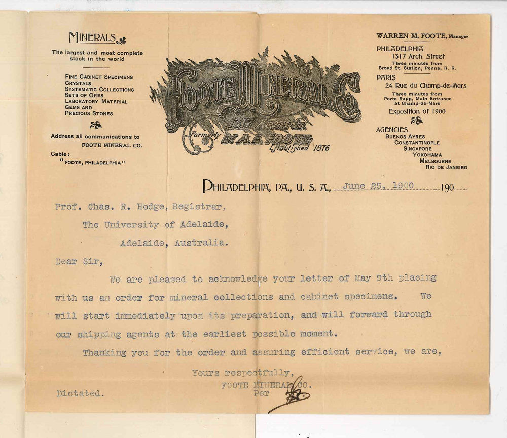 Foote Mineral Company - Philadelphia USA - Concerning order for mineral collections and cabinet specimens