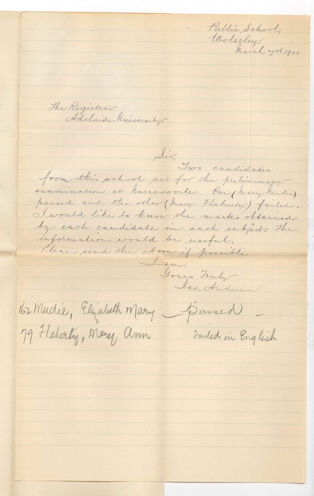 James Anderson - Public School Wolseley - Subjects candidates 162 Elizabeth Mary Mudie and 79 Mary Ann Flaherty failed in Preliminary Examination