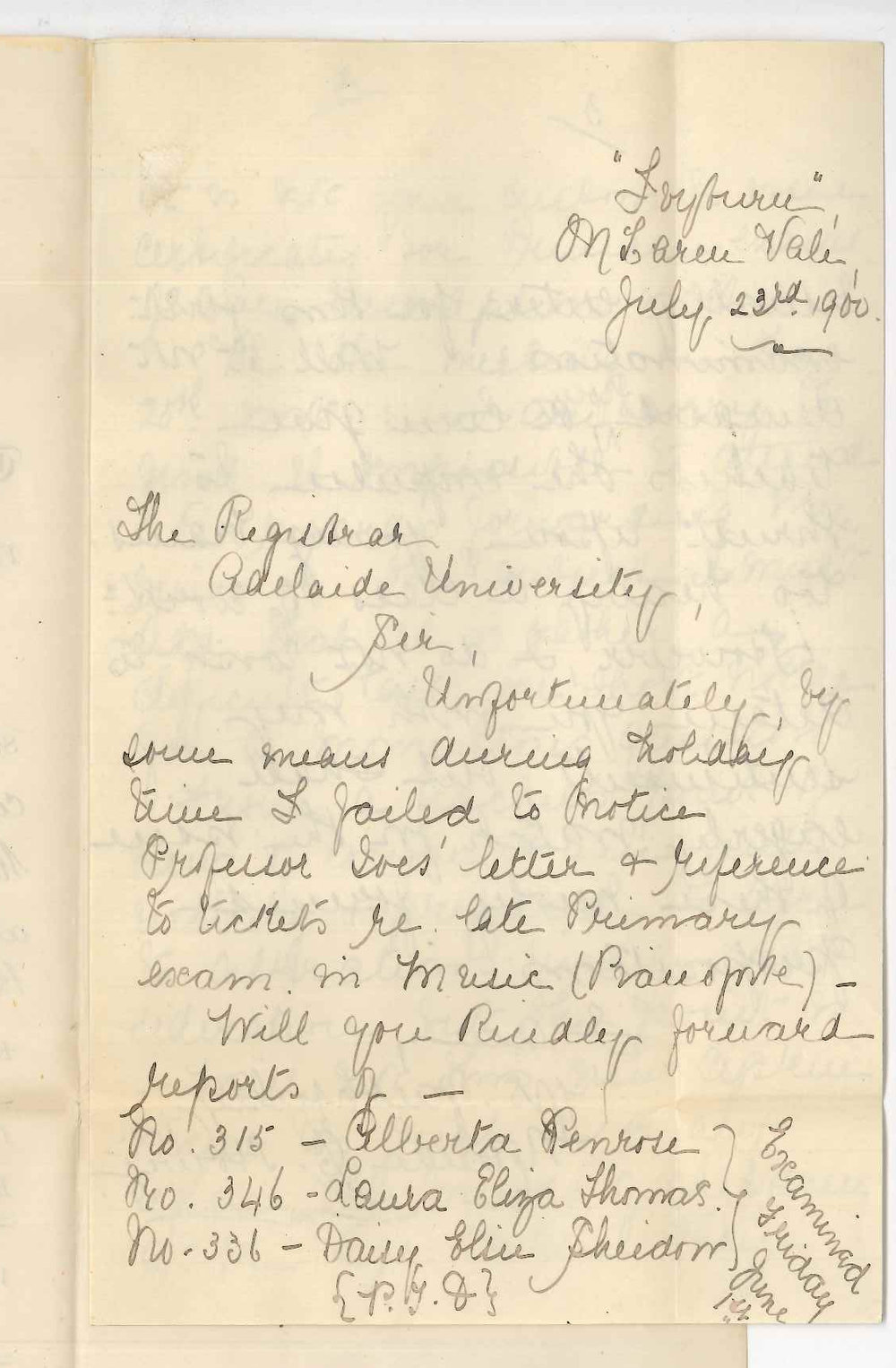 Miss Maude C Howie - McLaren Vale - Requesting Certificates and Candidates cards Primary Music Examination - Alterations in Regulations of Public Examinations
