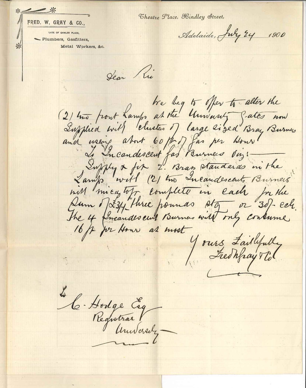 Fred W Gray and Company - Adelaide - Tender for incandescent gas burner