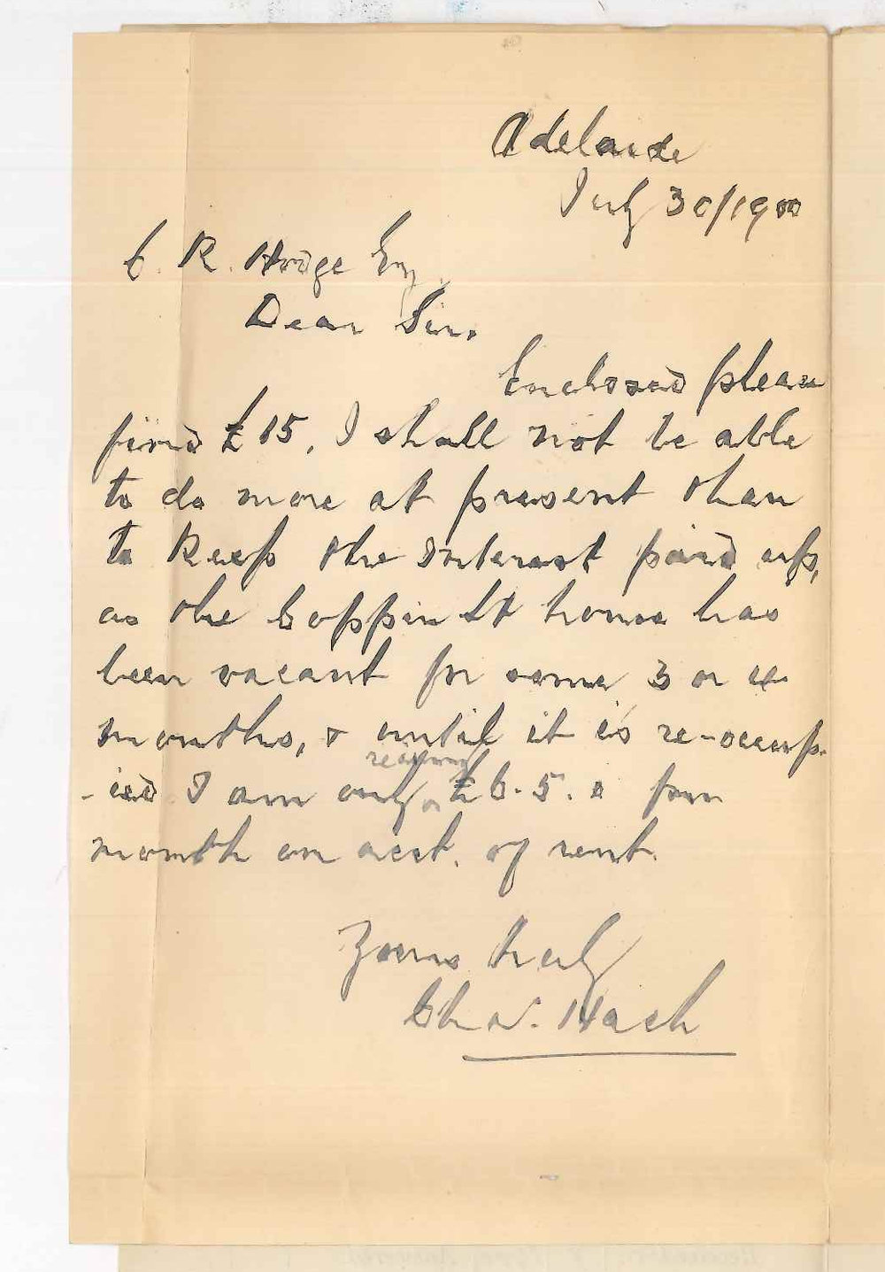 Charles Hack - Adelaide - Concerning interest on loan of &pound;1400