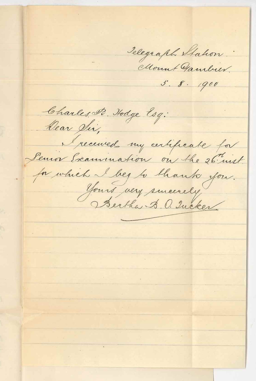 Miss Bertha B O Tucker - Mount Gambier - Acknowledging receipt of Certificate