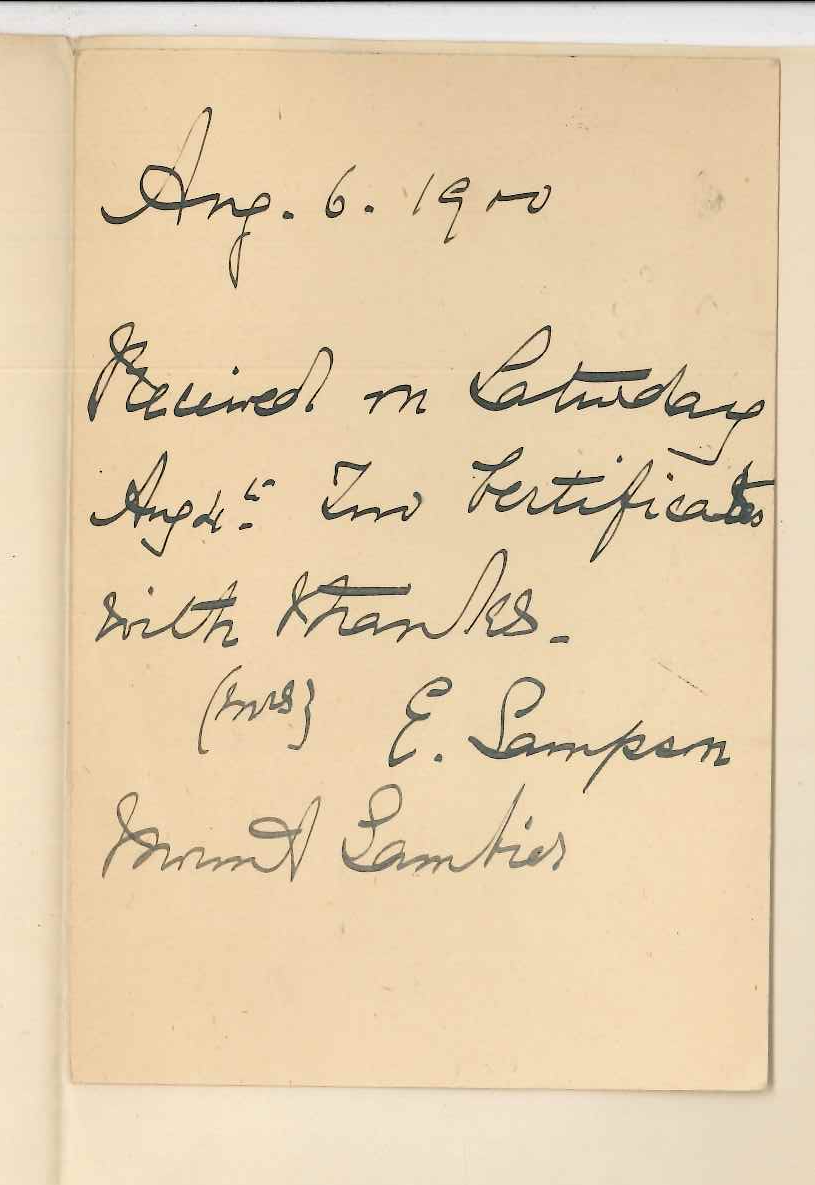 Mrs E Sampson - Mount Gambier - Acknowledging receipt of Certificates