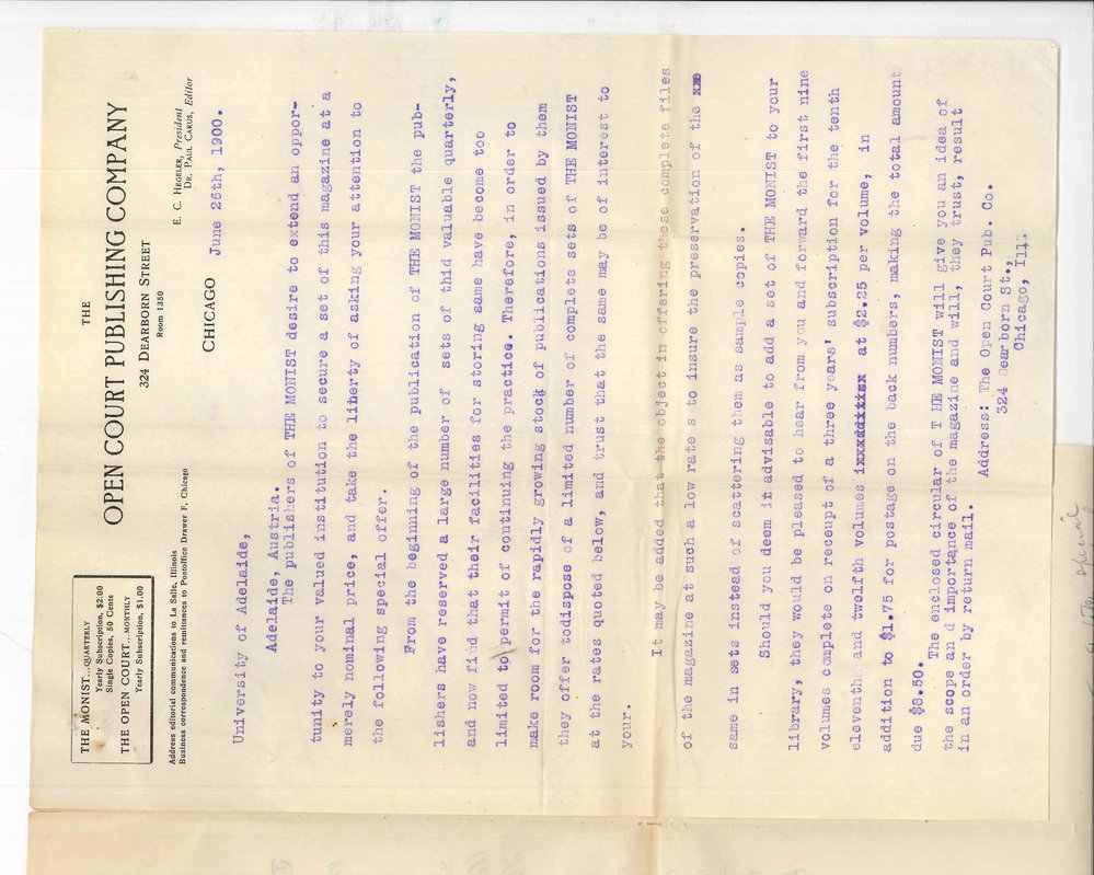 The Open Court Publishing Company - Chicago USA - Offering to supply the University with set of The Monist for $8-50