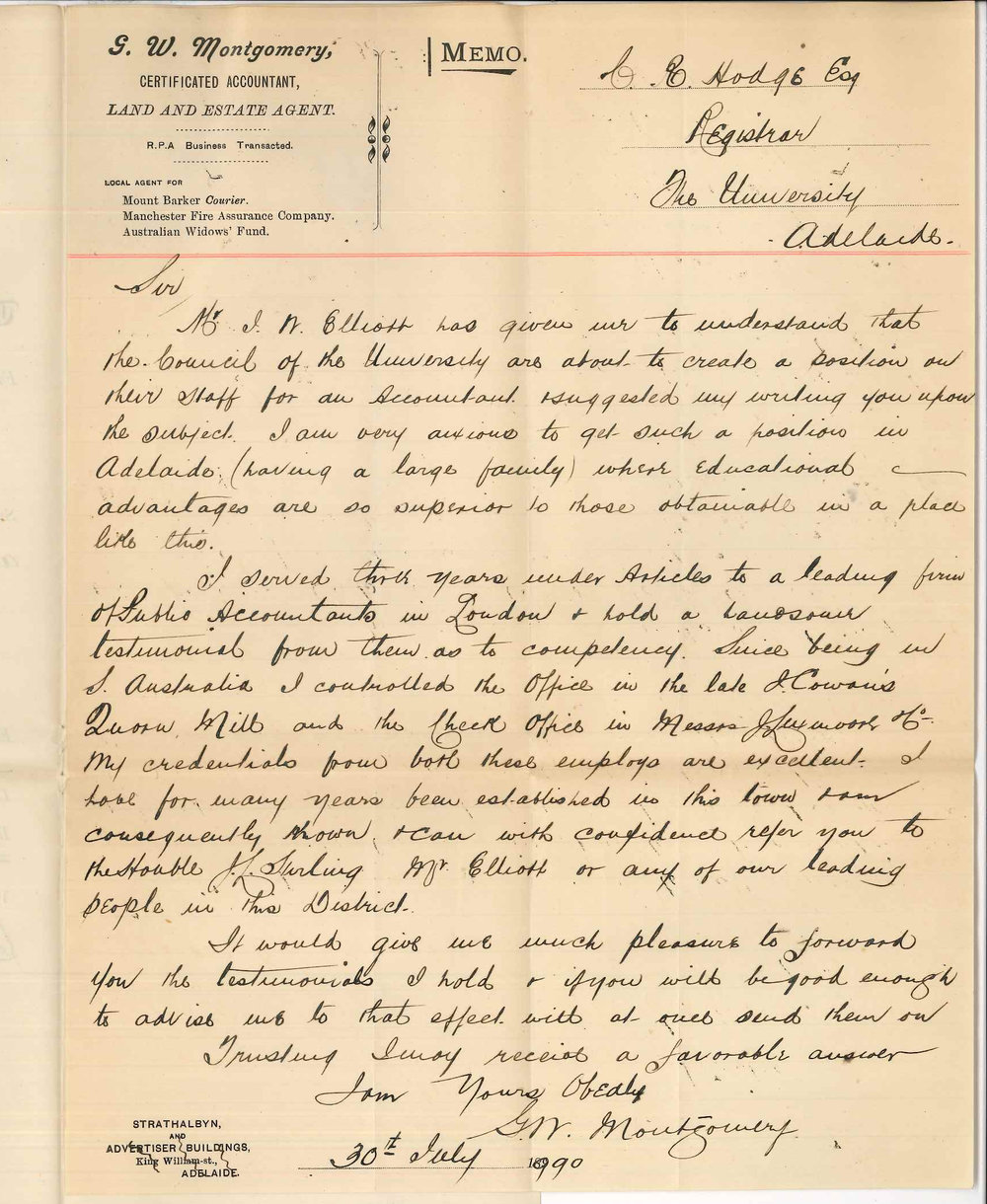 G W Montgomery - Strathalbyn - Application for position as Accountant