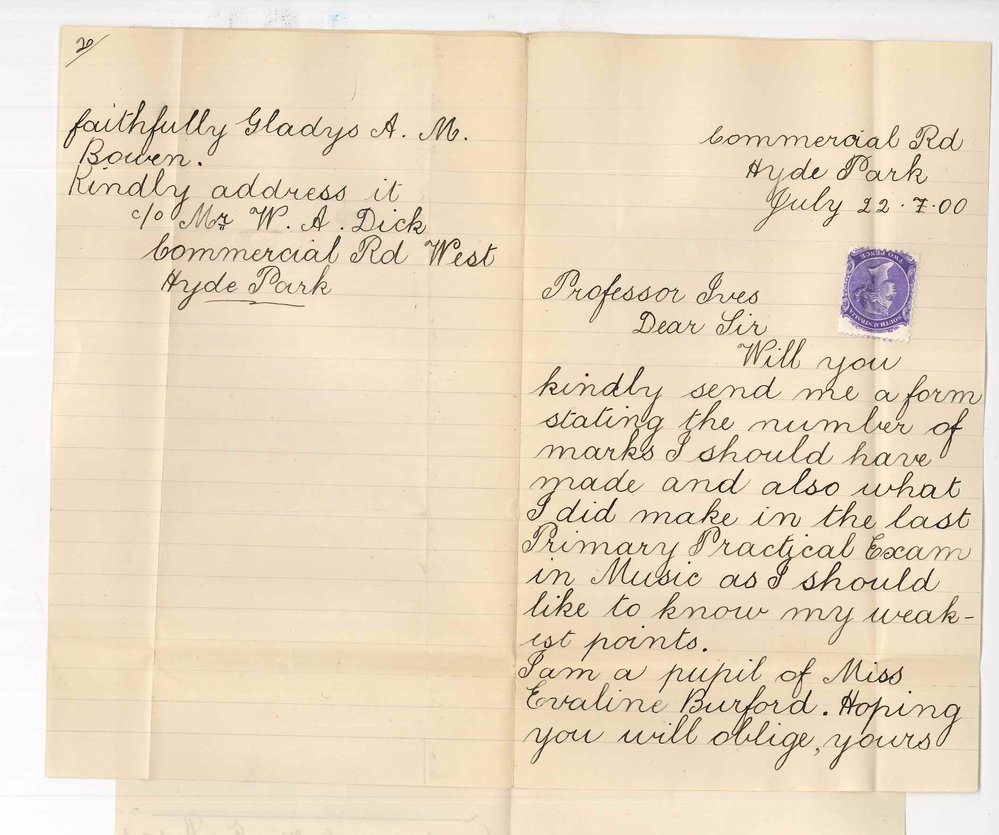 Miss Gladys A M Bowen - Hyde Park - Requesting card of marks obtained at Primary Music Examination