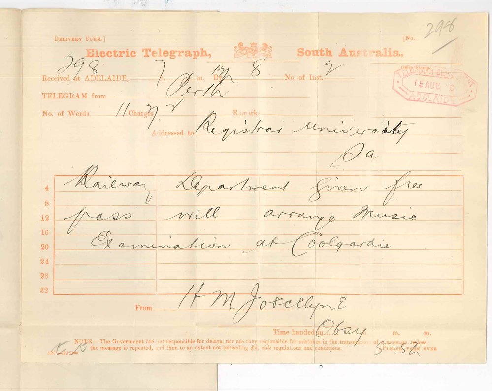 Henry Maurice Joscelyne - Perth - Music Examination at Coolgardie