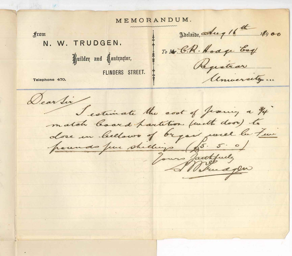 N W Trudgen - Adelaide - Cost of fixing partition to close in bellows of Conservatorium organ