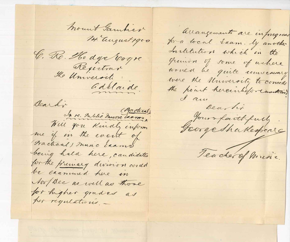 George Shakespeare - Mount Gambier - Asking whether Primary Practical Music Examination may be held at Mount Gambier in November