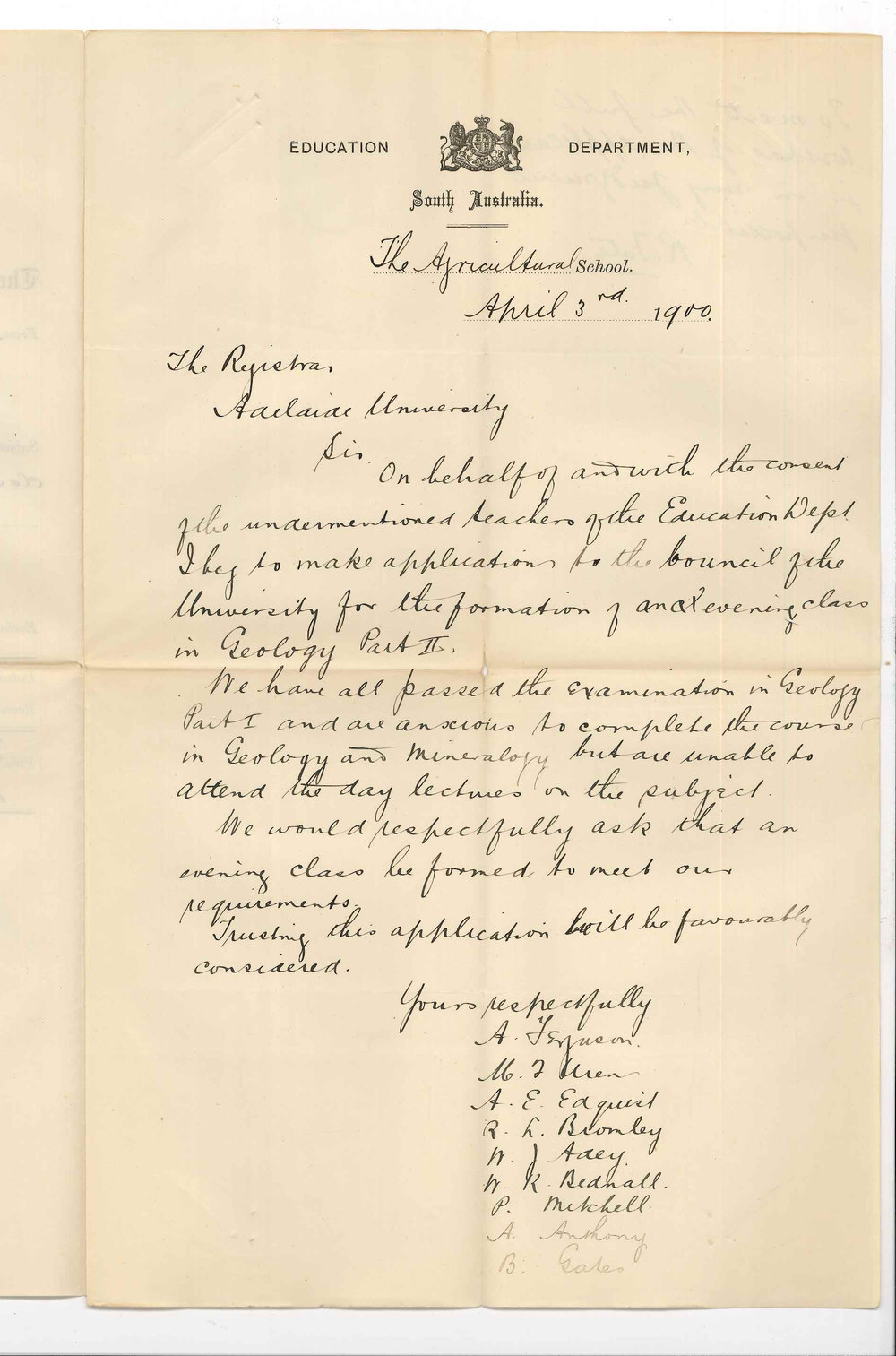 A Ferguson and other students - Agricultural School - Education Department SA - Application for an evening class may be held in Geology II