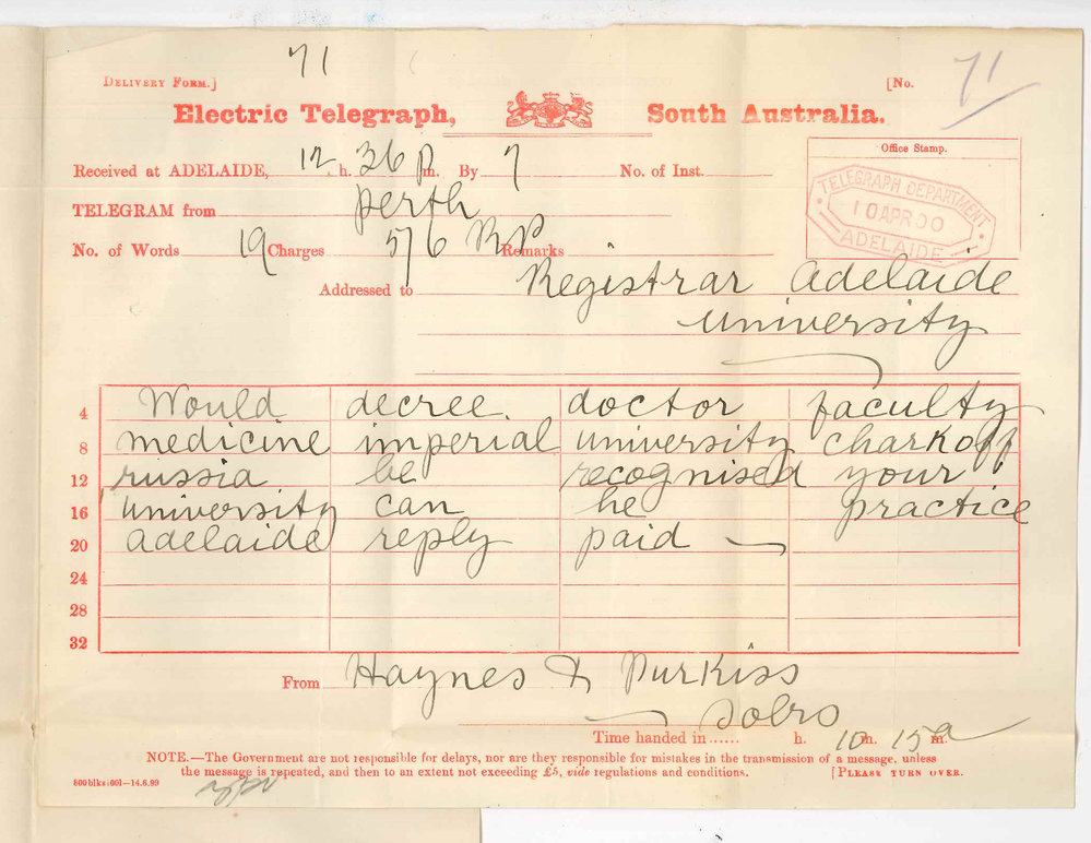 Haynes and Purkiss - Perth - Enquiring if MD of Imperial University of Charkoff Russia be recognised by University of Adelaide