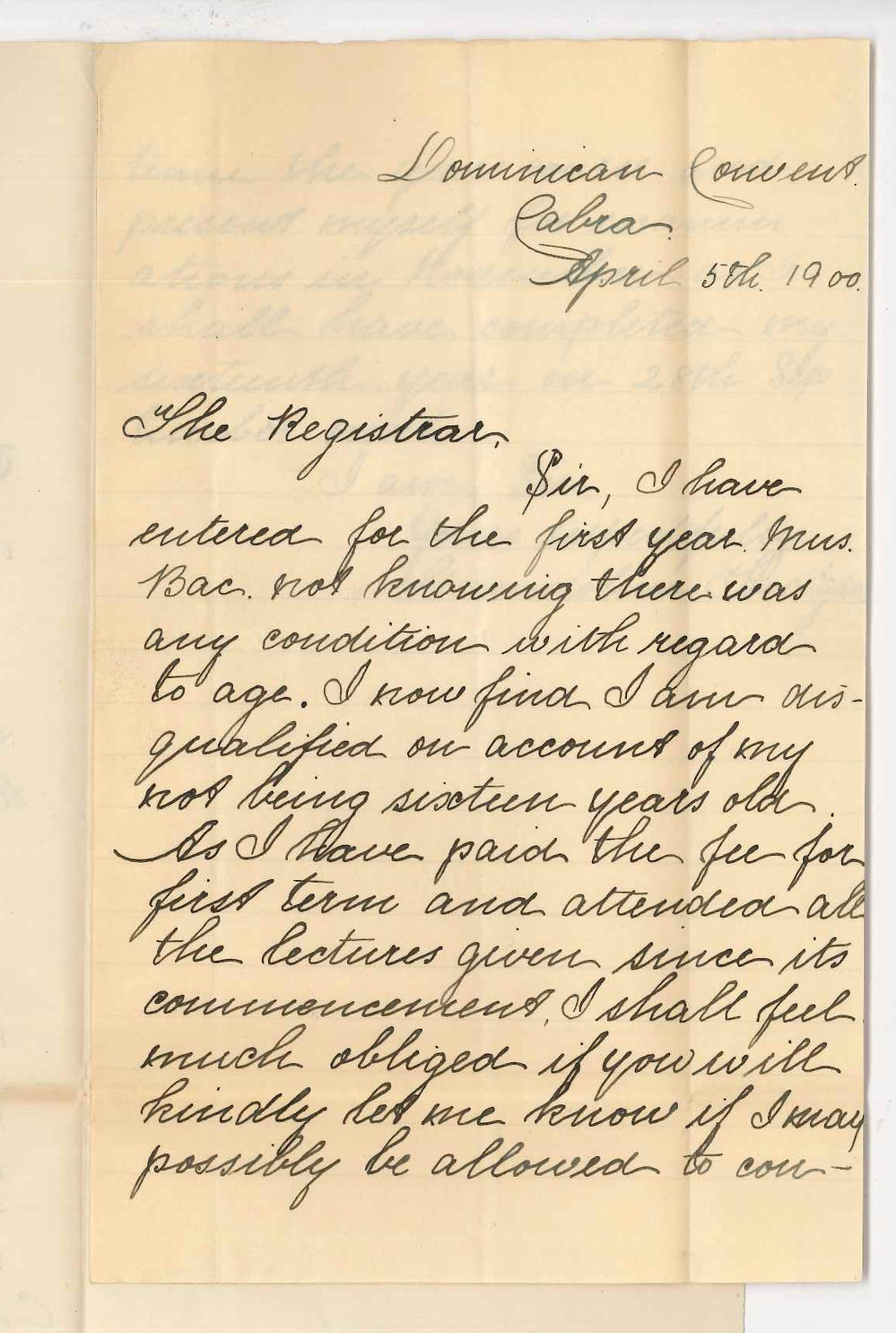 Miss Gwendoline Hodges - Dominican Convent Cabra - Adelaide - Admission of underage to Bachelor of Music lectures