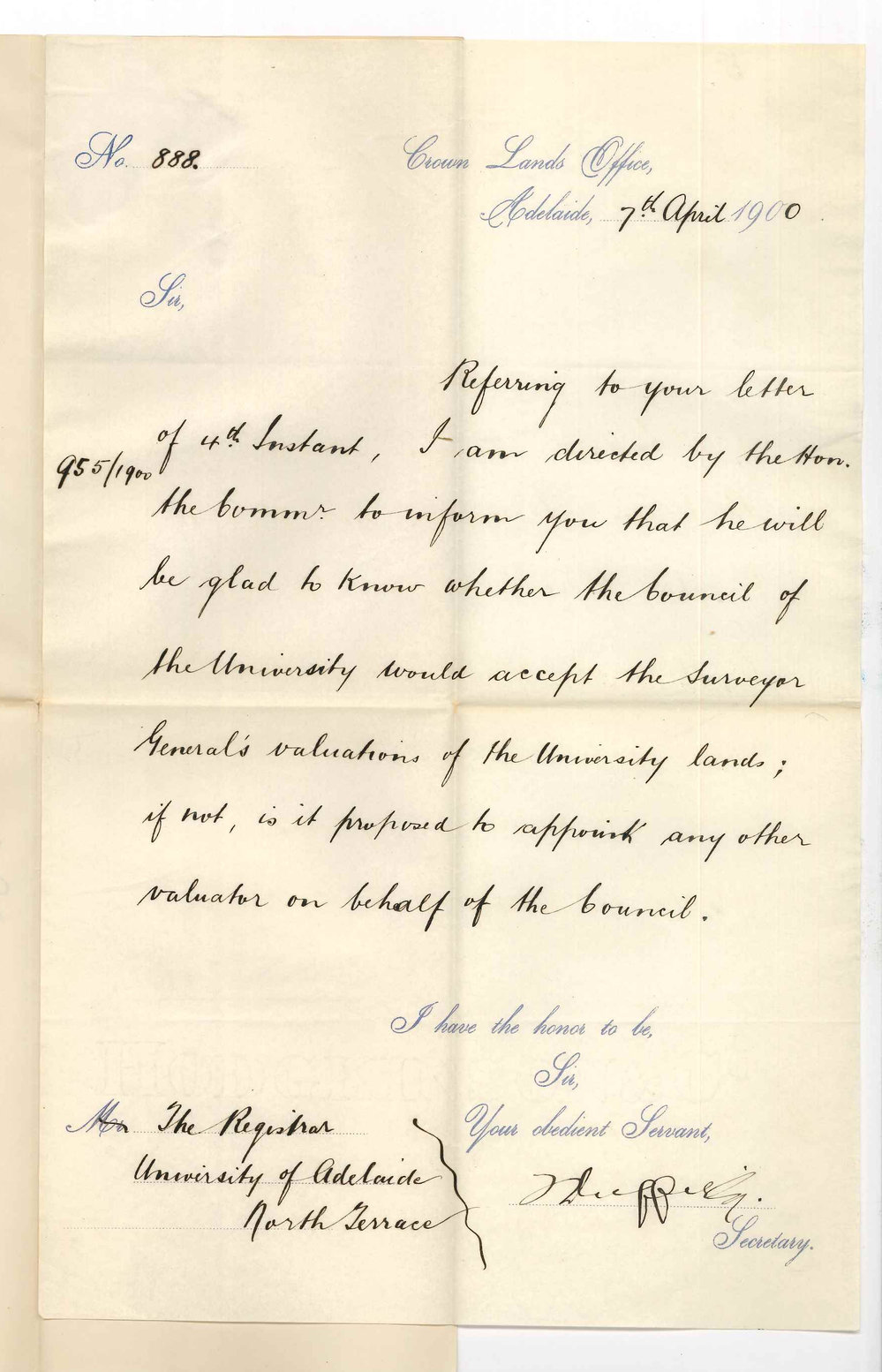 Crown Lands Office - Adelaide - Asking if University will accept the Surveyor General's valuations of the University Lands