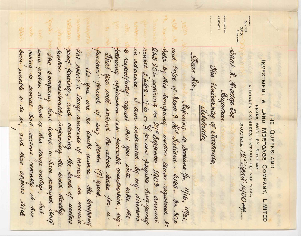 Frank Woolley - Secretary - Queensland Investment and Land Mortgage Company Ltd - Concerning renewal of lease of land at Tatiara
