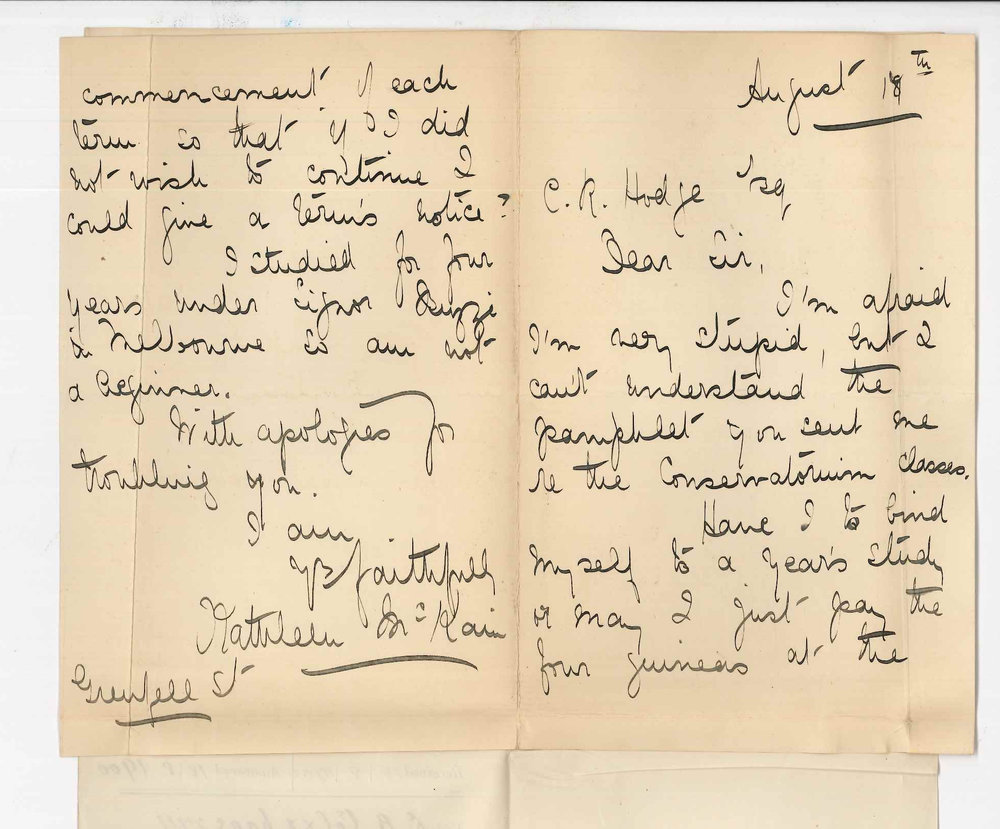 Mrs Kathleen McKain - Adelaide - Concerning singing lessons at the Conservatorium