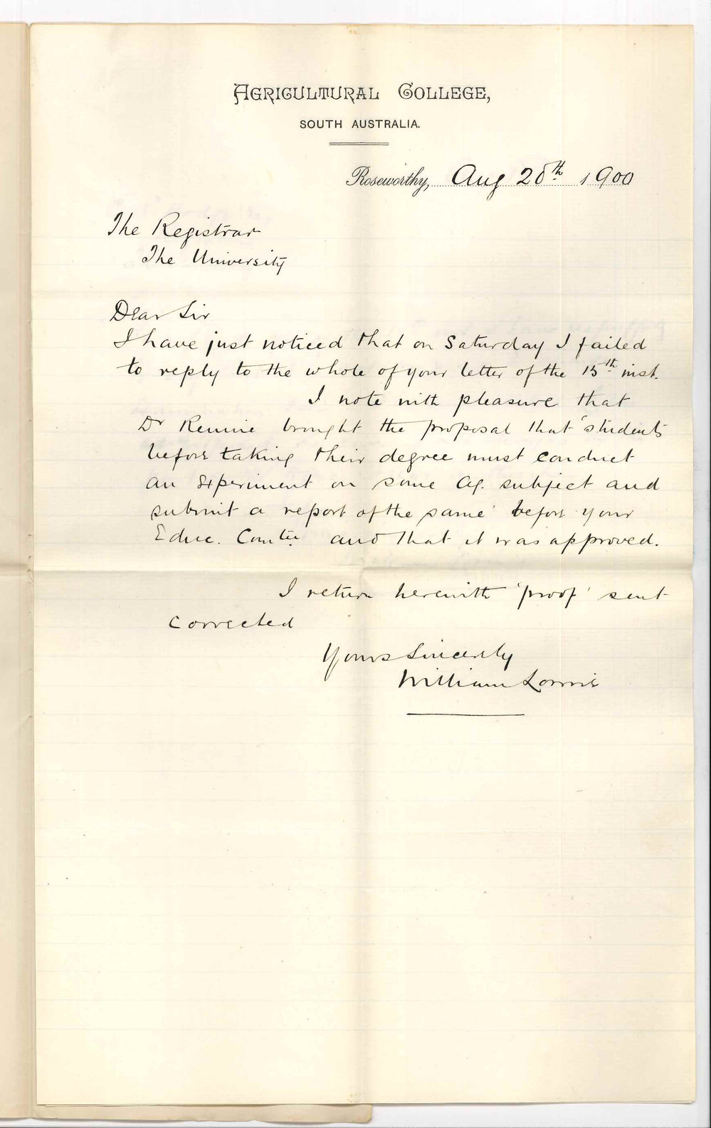 Professor William Lowrie - Agricultural College - Roseworthy - Concerning Agriculture in BSc Course