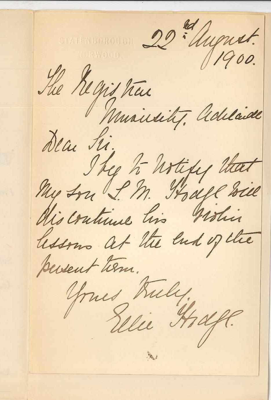 Mrs Ellie Hodge - Norwood - Son will discontinue lessons at the Conservatorium