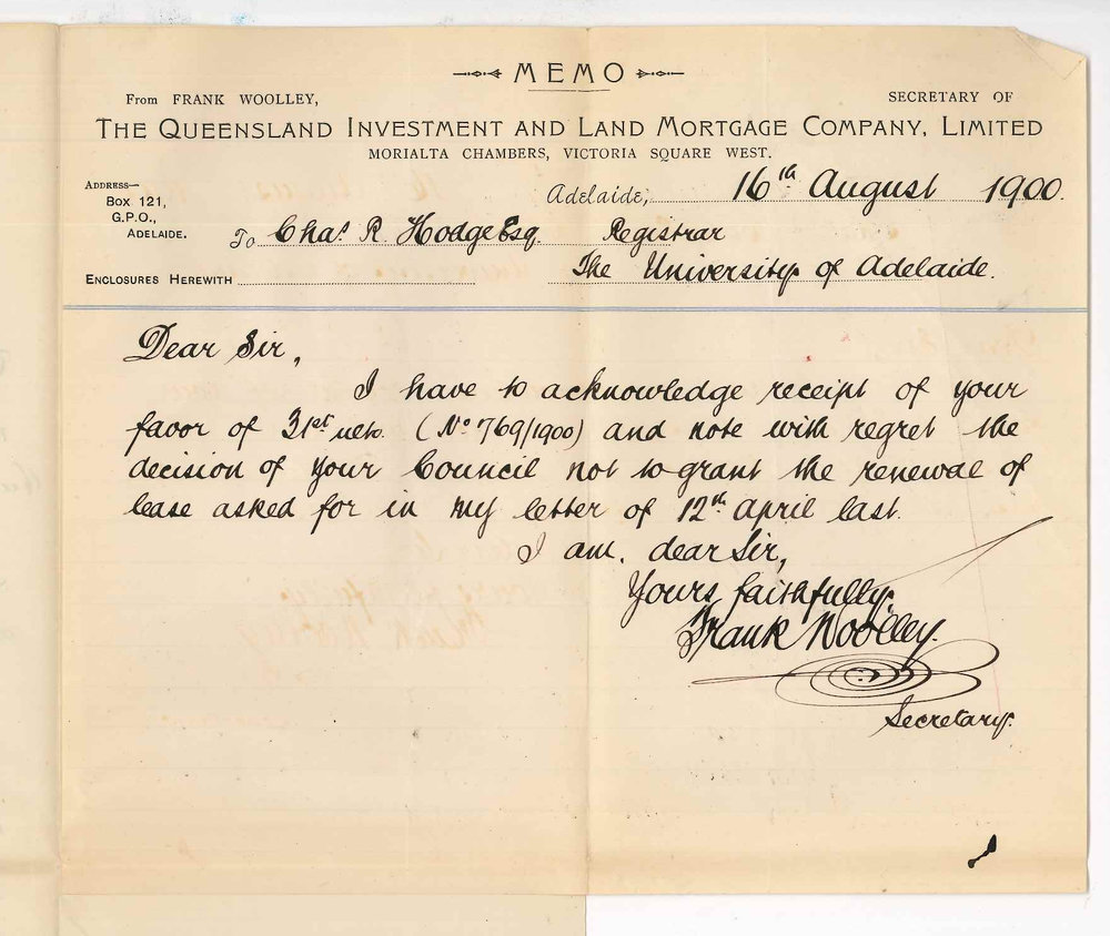 Frank Woolley - Secretary - Queensland Investment and Land Mortgage Company - Concerning lease of land at Tatiara