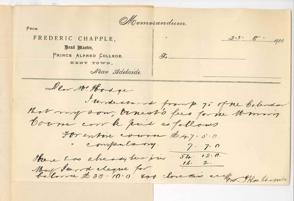 Frederic Chapple - Prince Alfred College - Son Ernest fees in Mining Course