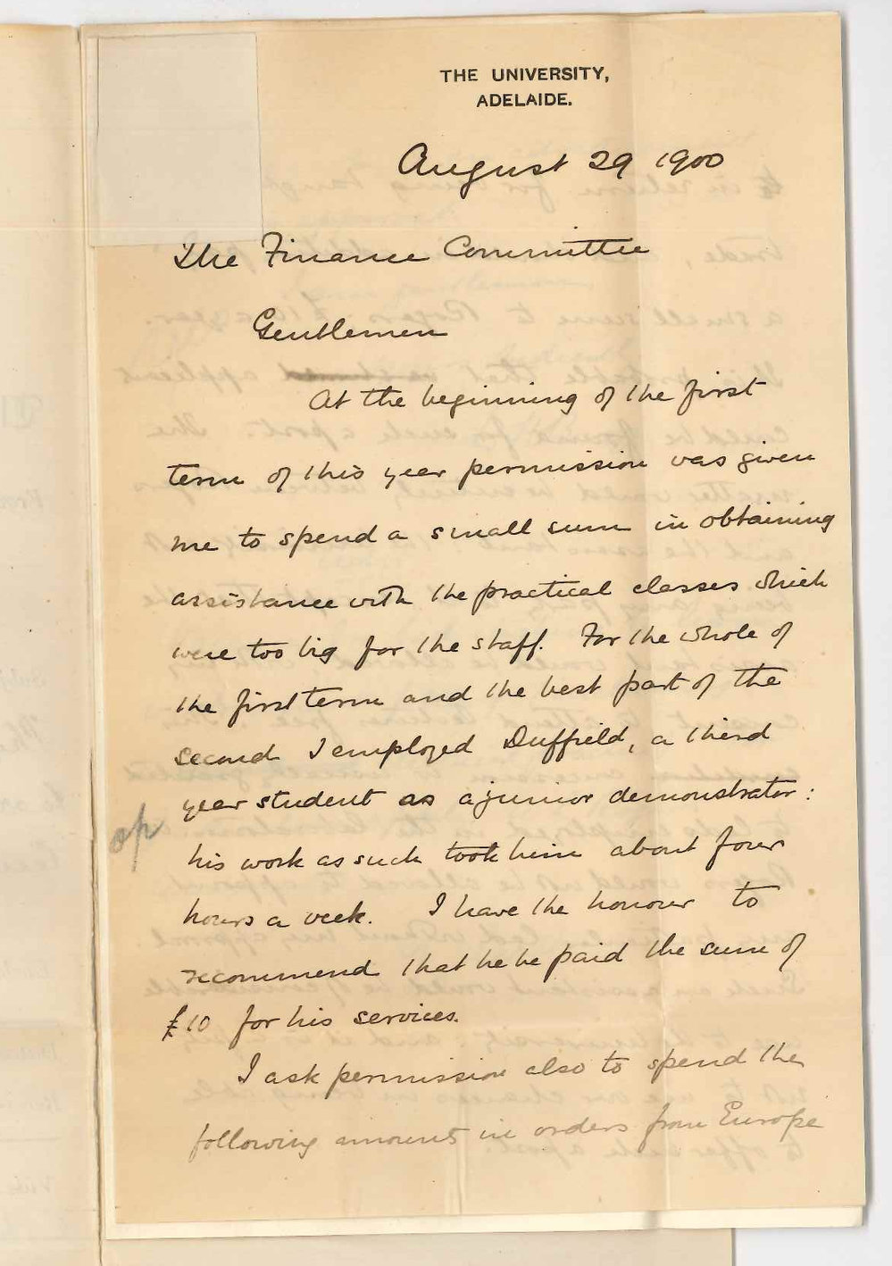 Professor William Henry Bragg - University - Concerning assistants in Physical Laboratory - Permission to order material and blower for Conservatorium organ