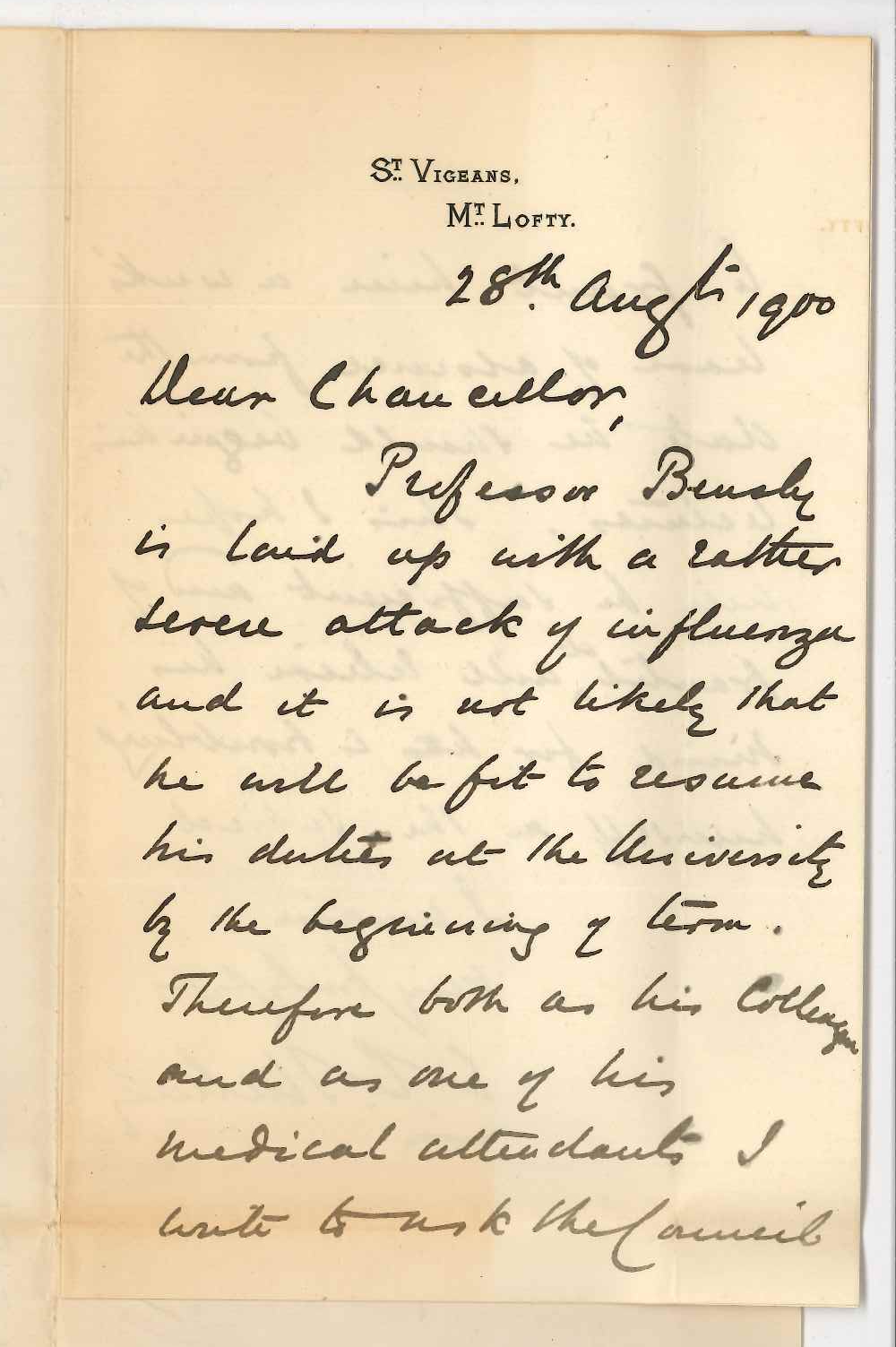 Professor Edward Charles Stirling - Mount Lofty - Requesting leave of absence for Professor Bensley