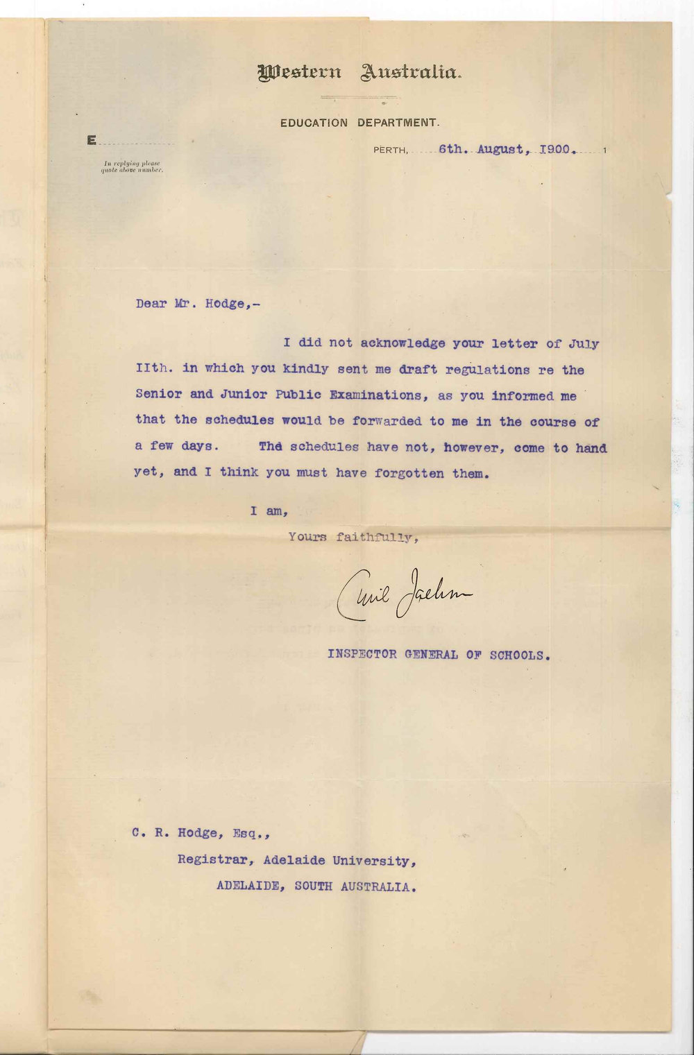 Cyril Jackson - Education Department - Perth - New Regulations for Public Examinations