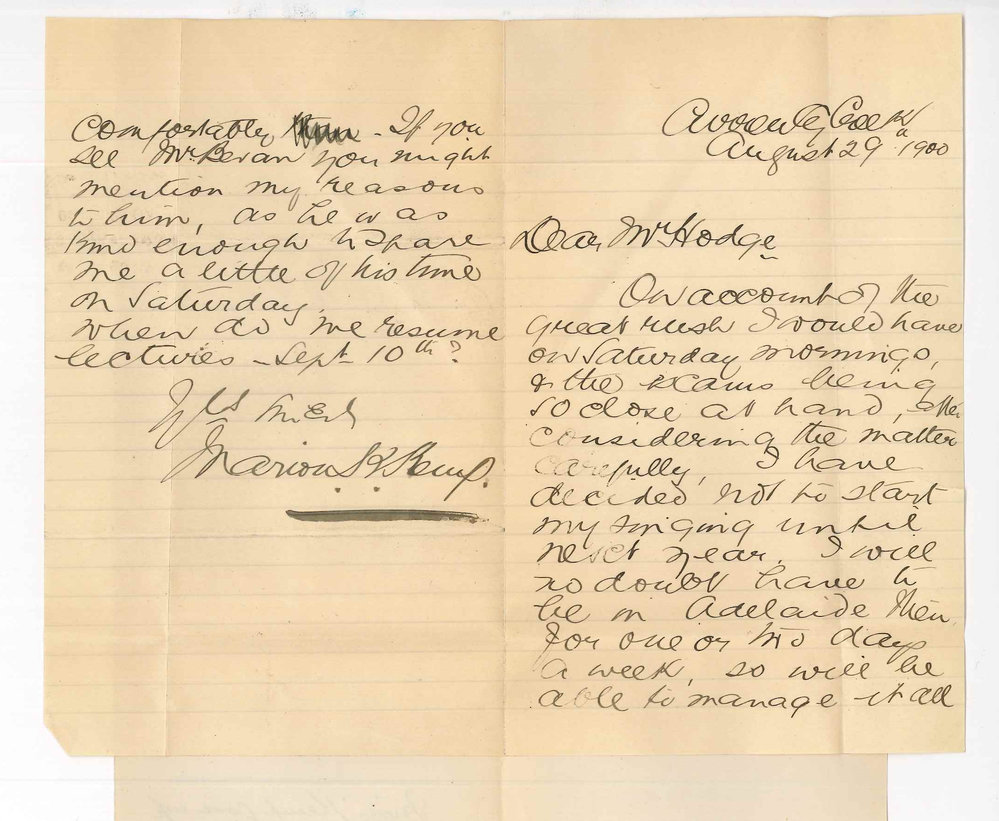 Miss Marion K Kemp - Currency Creek - Lessons at Conservatorium and date of beginning of Term