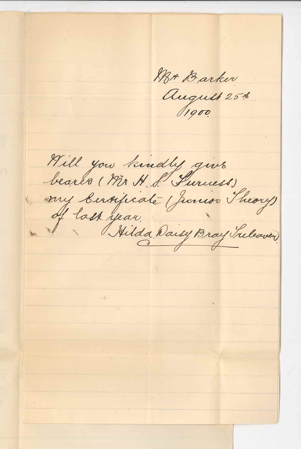 Miss Hilda Daisy Bray Treleaven - Mount Barker - Requesting Certificate