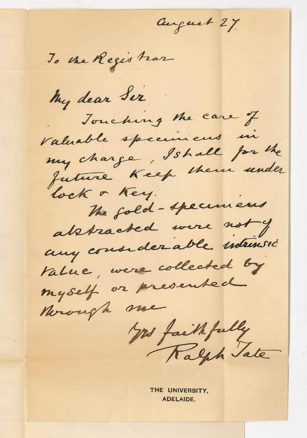 Professor Ralph Tate - The University - Concerning specimens in Geological Department