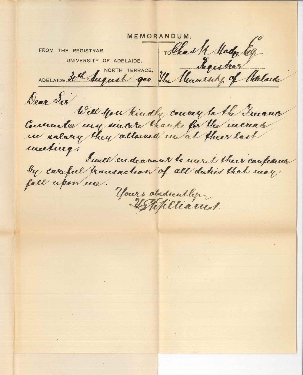 H S Williams - The University - Thanks for increase of salary