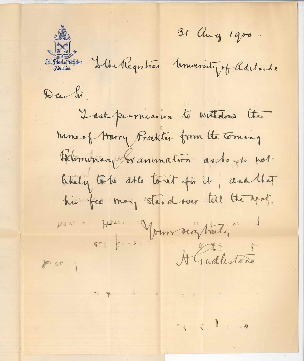 Reverend H Girdlestone - St Peters College - Withdrawing candidate from Preliminary Examination