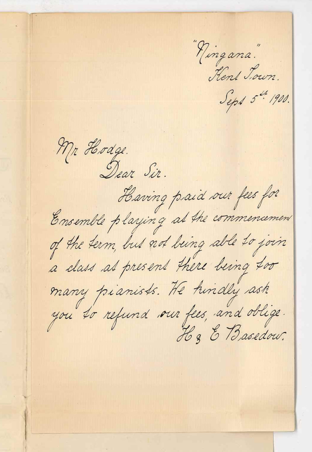 Misses H and E Basedow - Kent Town - Requesting refund of fee paid for Ensemble Class