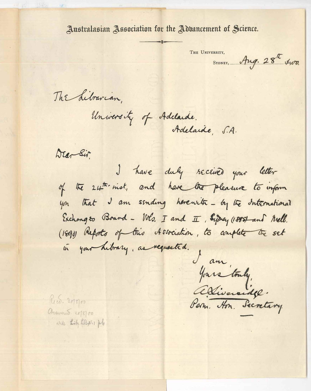 A Liversidge - Honorary Secretary - Australasian Association for Advancement of Science - Sydney - Forwarding reports of Association