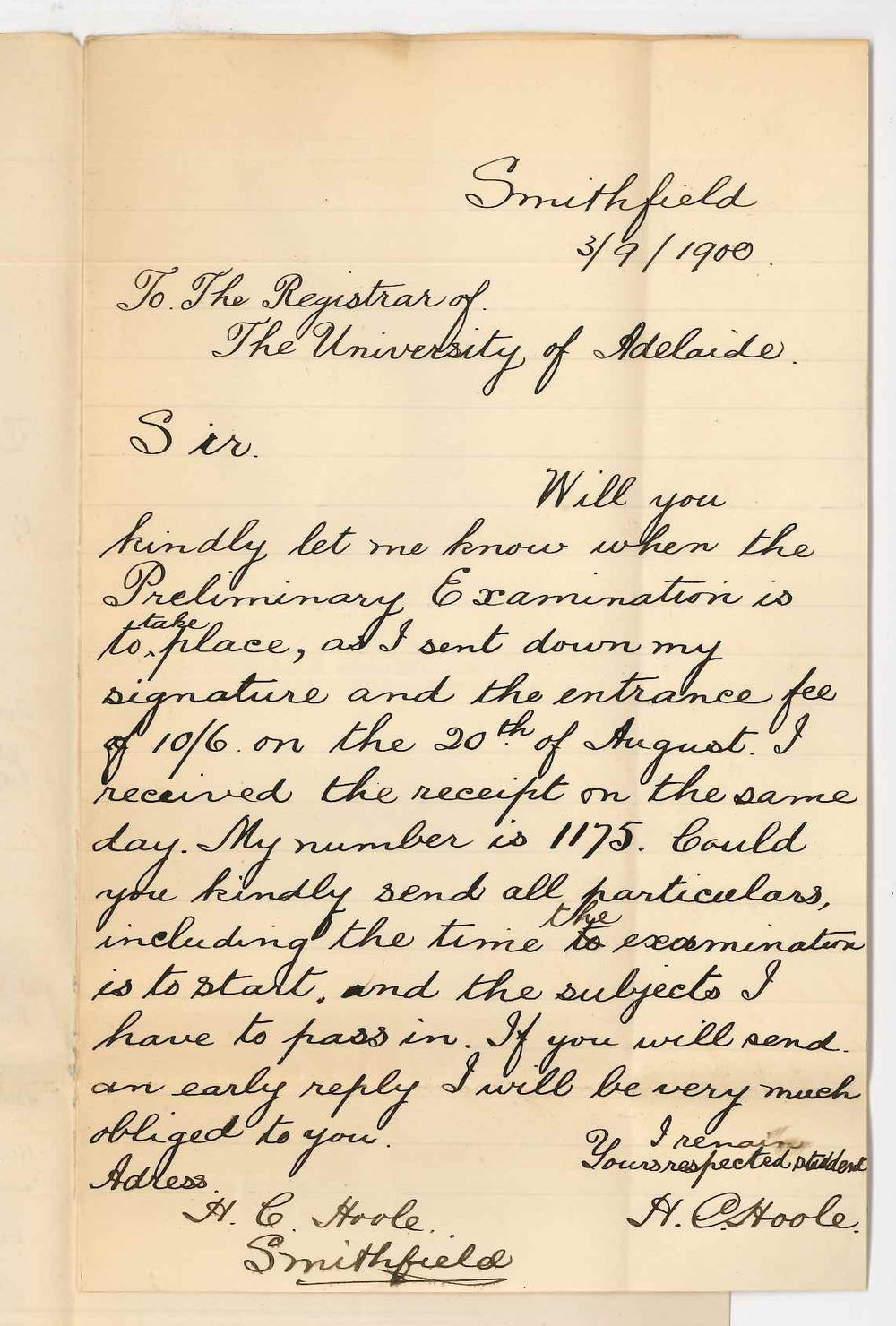 H C Hoole - Smithfield - Concerning Preliminary Examination