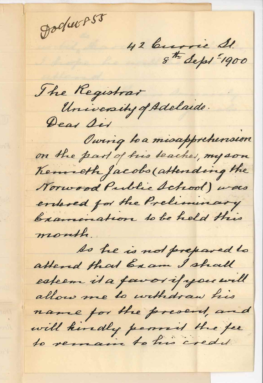 George W Jacobs - Adelaide - Withdrawing son from Preliminary Examination