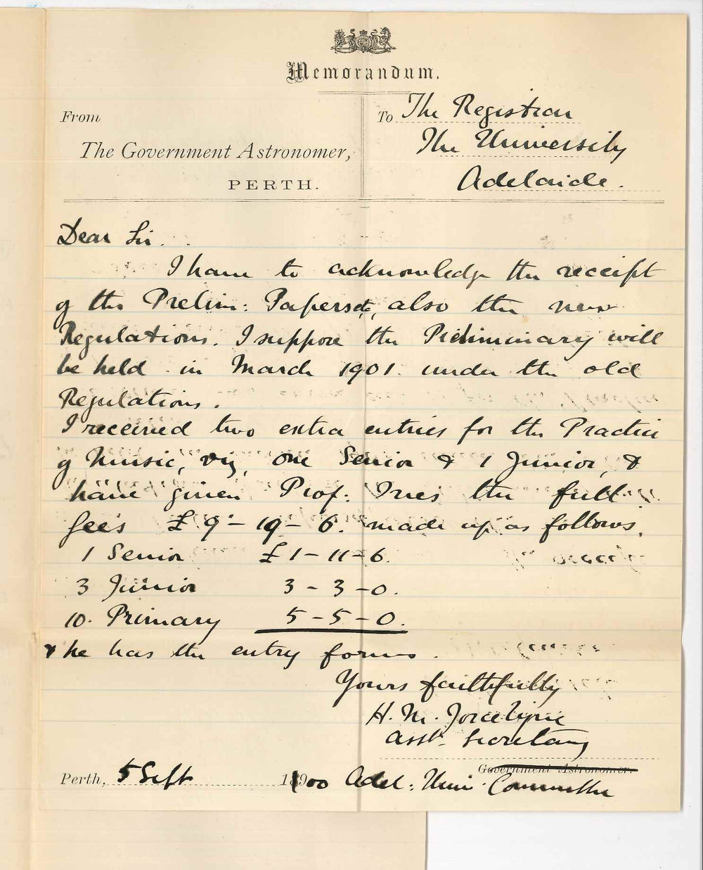 Henry Maurice Joscelyne - Perth - Preliminary and Music Examinations